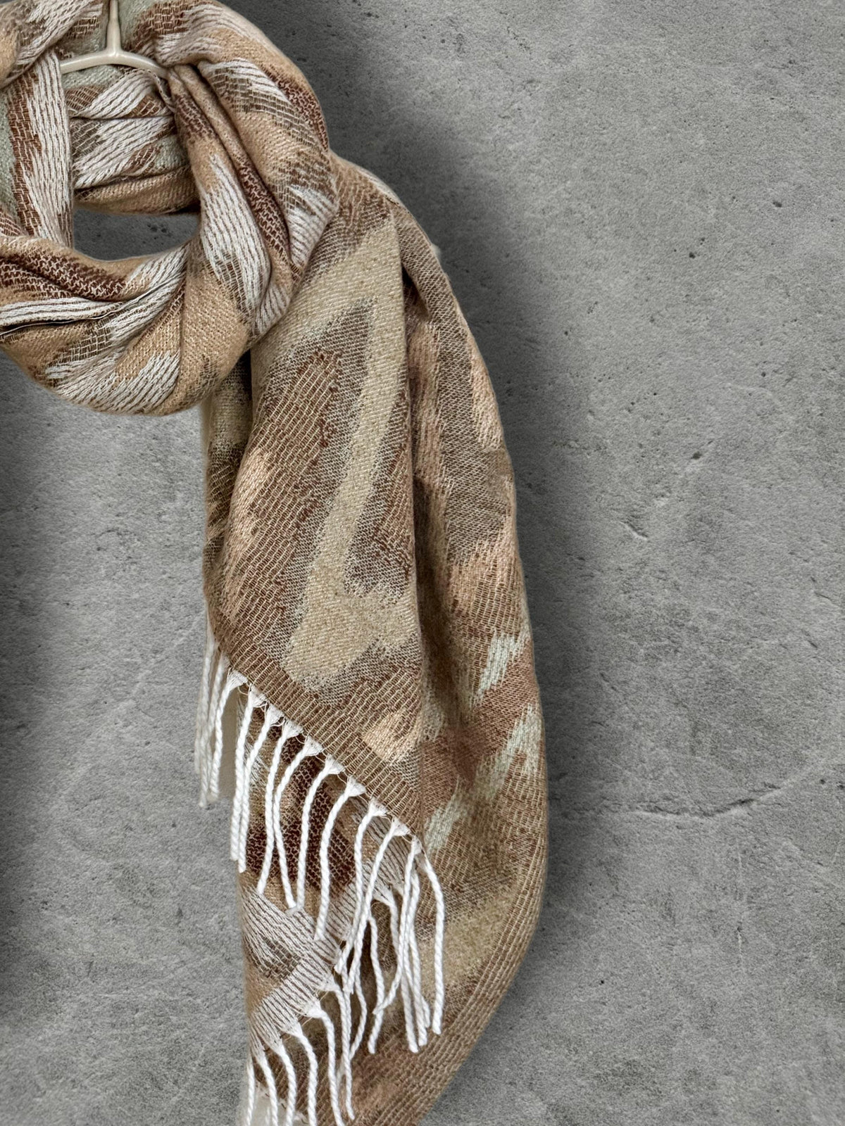 Beige Sage Green Winter Scarf, Neutral Abstract Shawl, Ultra Soft Boho Zigzag Pattern Wrap, Elegant Gift for Women