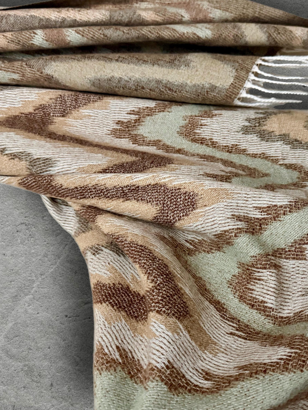 Beige Sage Green Winter Scarf, Neutral Abstract Shawl, Ultra Soft Boho Zigzag Pattern Wrap, Elegant Gift for Women