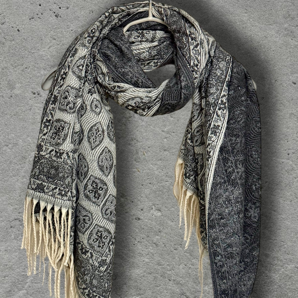 Reversible Black Winter Scarf, Ivory Bohemian Medallion Shawl for Women, Soft Oversized Warm Wrap, Fringed Cold Weather Gift for Her