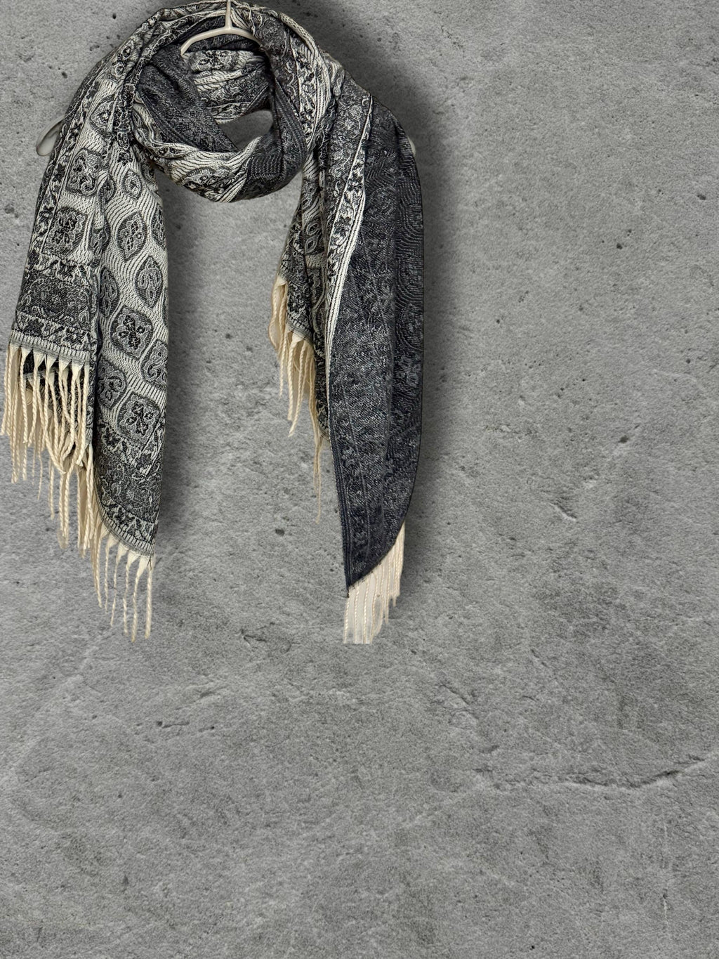 Reversible Black Winter Scarf, Ivory Bohemian Medallion Shawl for Women, Soft Oversized Warm Wrap, Fringed Cold Weather Gift for Her