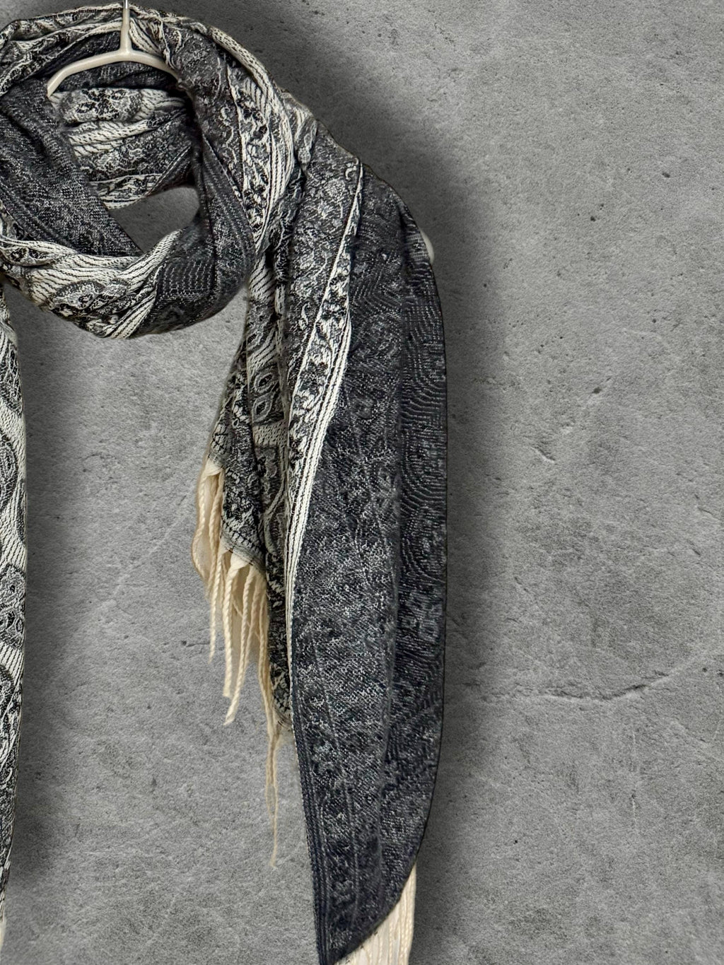 Reversible Black Winter Scarf, Ivory Bohemian Medallion Shawl for Women, Soft Oversized Warm Wrap, Fringed Cold Weather Gift for Her