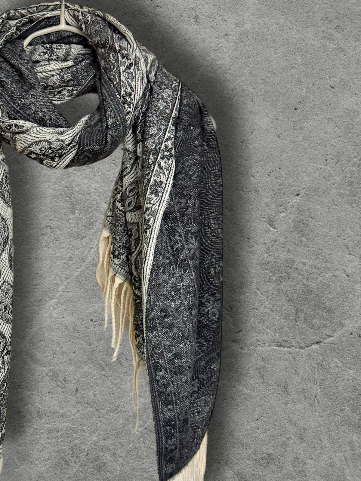 Reversible Black Winter Scarf, Ivory Bohemian Medallion Shawl for Women, Soft Oversized Warm Wrap, Fringed Cold Weather Gift for Her