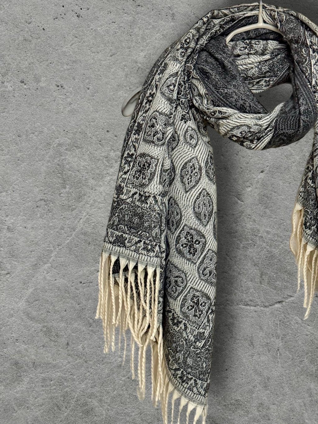 Reversible Black Winter Scarf, Ivory Bohemian Medallion Shawl for Women, Soft Oversized Warm Wrap, Fringed Cold Weather Gift for Her