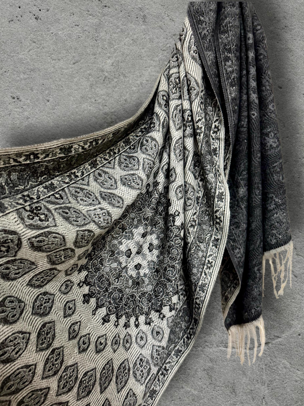 Reversible Black Winter Scarf, Ivory Bohemian Medallion Shawl for Women, Soft Oversized Warm Wrap, Fringed Cold Weather Gift for Her