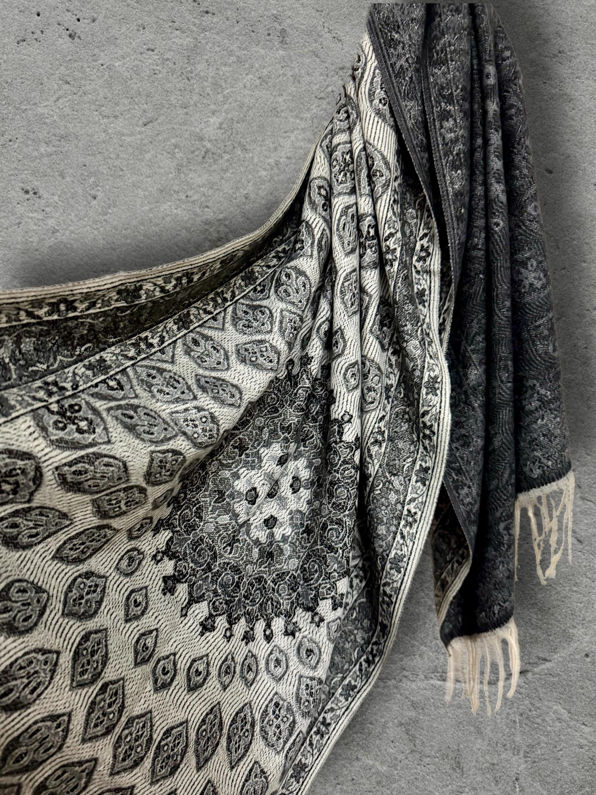 Reversible Black Winter Scarf, Ivory Bohemian Medallion Shawl for Women, Soft Oversized Warm Wrap, Fringed Cold Weather Gift for Her