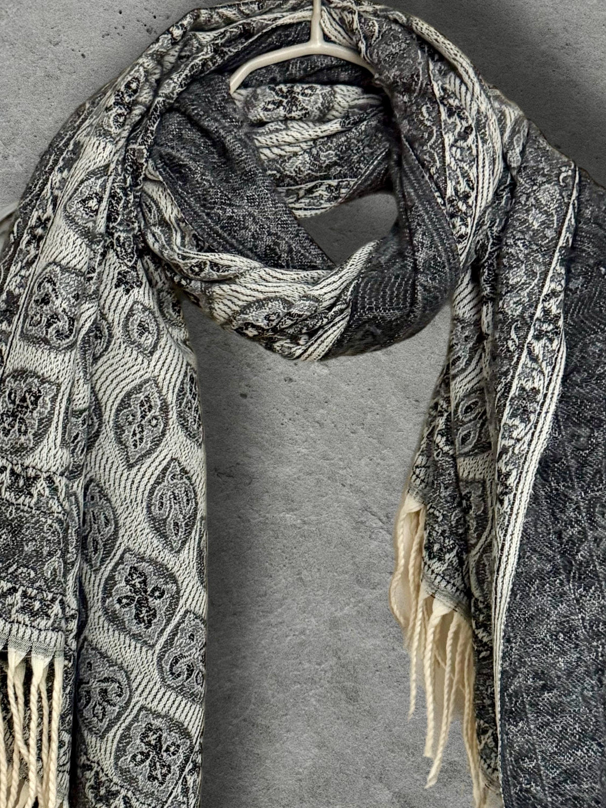 Reversible Black Winter Scarf, Ivory Bohemian Medallion Shawl for Women, Soft Oversized Warm Wrap, Fringed Cold Weather Gift for Her