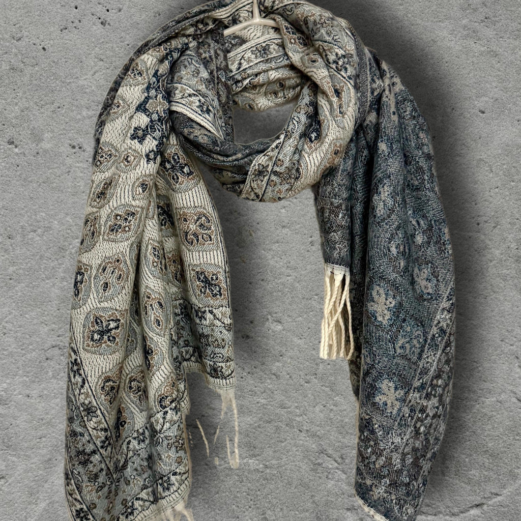 Reversible Beige Navy Winter Scarf, Ultra Soft Boho Medallion Wrap, Warm Elegant Shawl for Women, Unique Gifts for Her