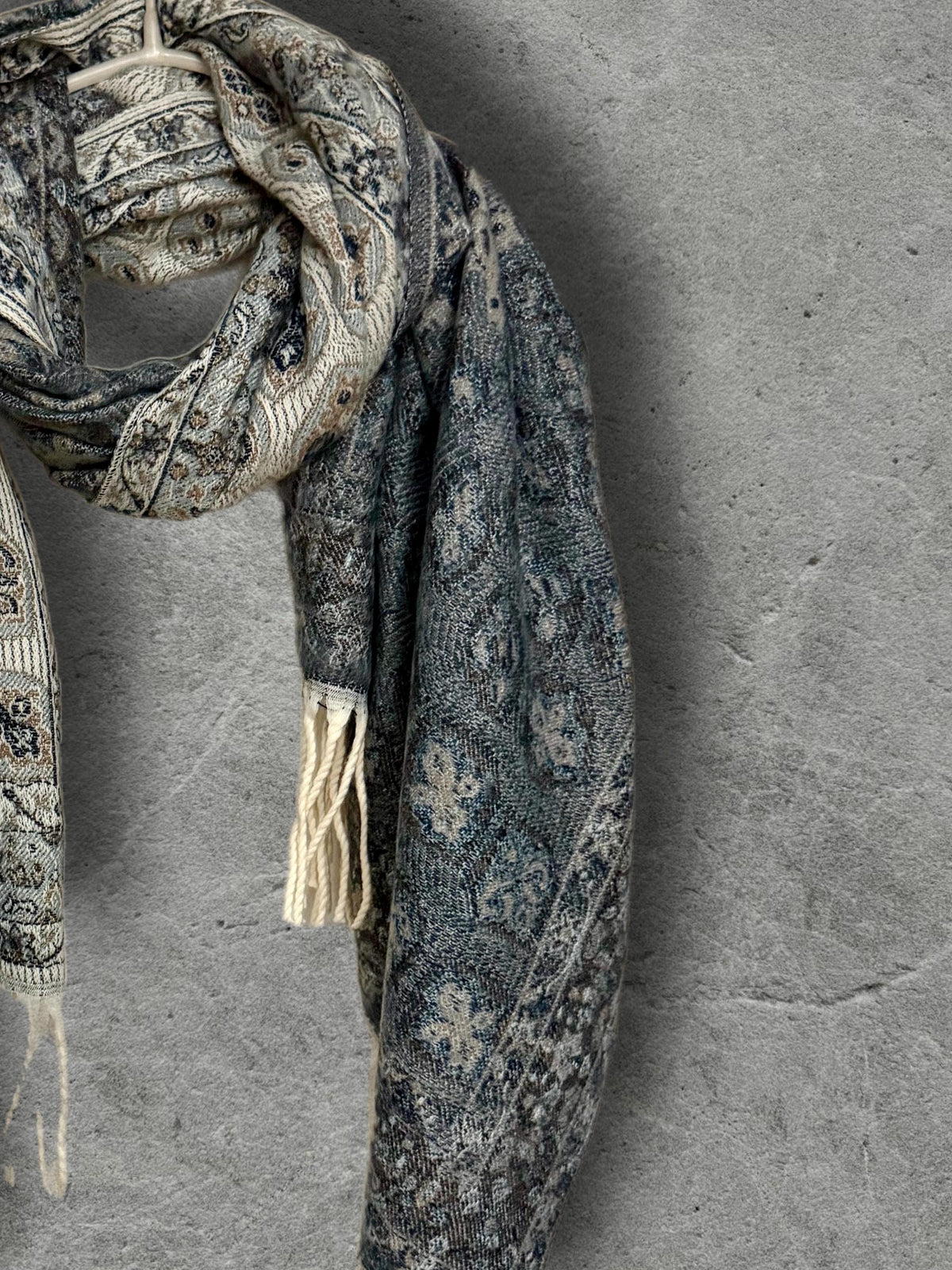 Reversible Beige Navy Winter Scarf, Ultra Soft Boho Medallion Wrap, Warm Elegant Shawl for Women, Unique Gifts for Her
