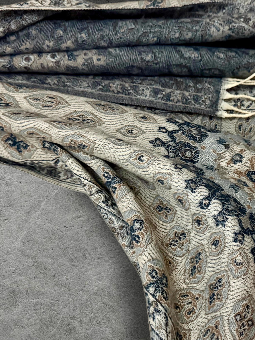 Reversible Beige Navy Winter Scarf, Ultra Soft Boho Medallion Wrap, Warm Elegant Shawl for Women, Unique Gifts for Her