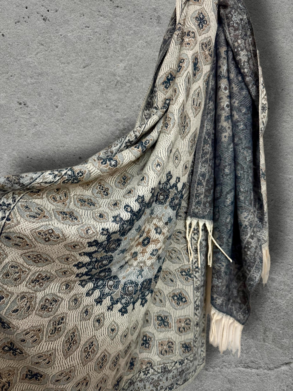 Reversible Beige Navy Winter Scarf, Ultra Soft Boho Medallion Wrap, Warm Elegant Shawl for Women, Unique Gifts for Her
