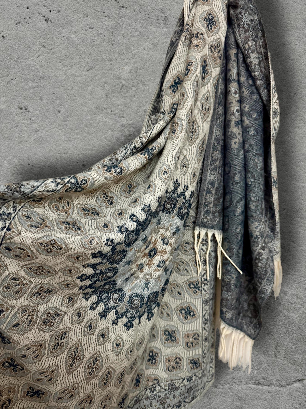 Reversible Beige Navy Winter Scarf, Ultra Soft Boho Medallion Wrap, Warm Elegant Shawl for Women, Unique Gifts for Her