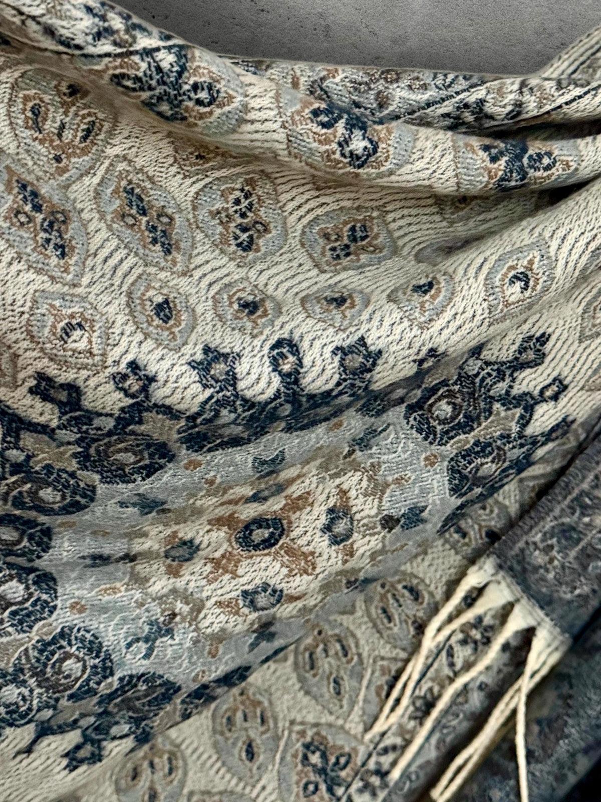 Reversible Beige Navy Winter Scarf, Ultra Soft Boho Medallion Wrap, Warm Elegant Shawl for Women, Unique Gifts for Her