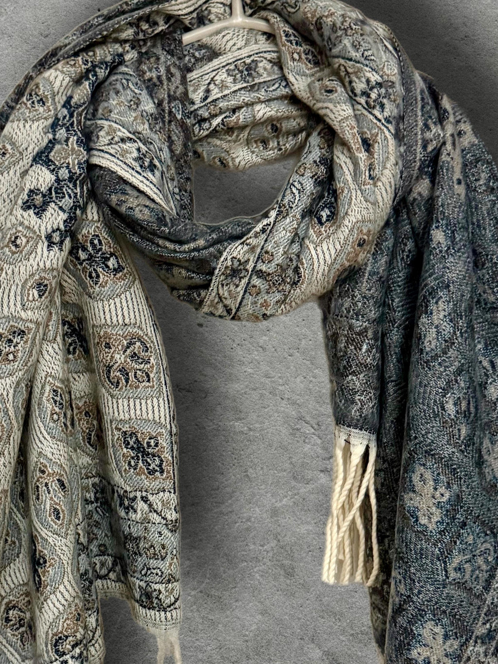 Reversible Beige Navy Winter Scarf, Ultra Soft Boho Medallion Wrap, Warm Elegant Shawl for Women, Unique Gifts for Her