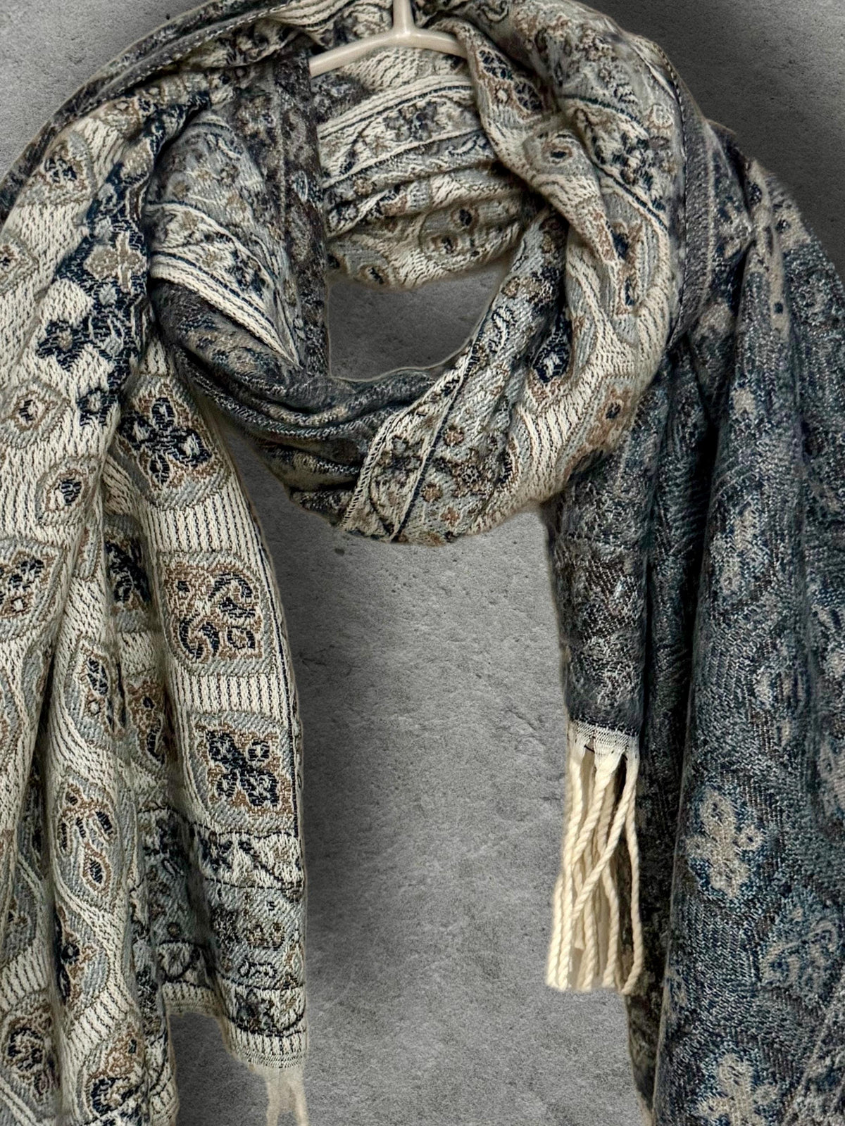 Reversible Beige Navy Winter Scarf, Ultra Soft Boho Medallion Wrap, Warm Elegant Shawl for Women, Unique Gifts for Her
