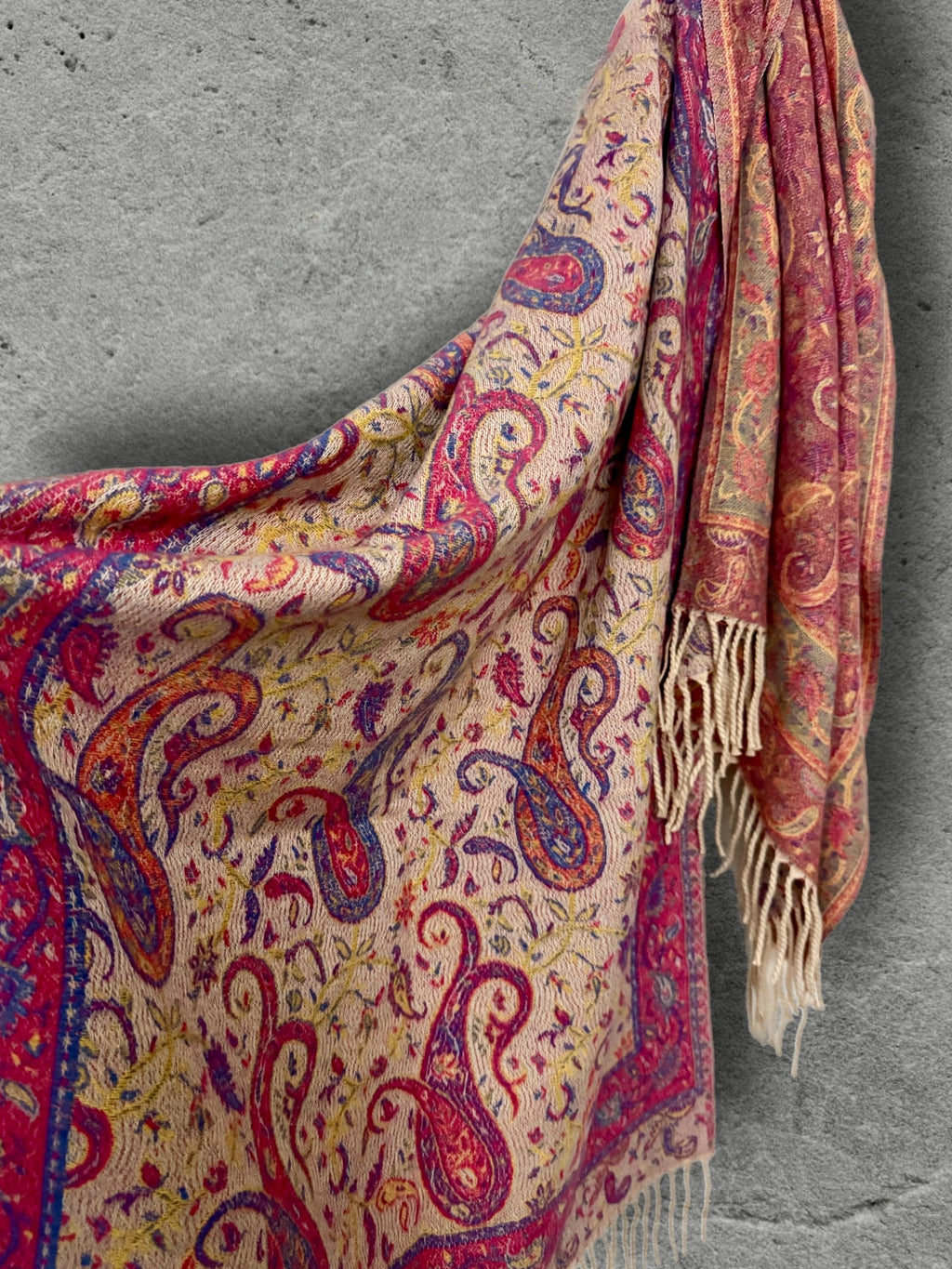 Bohemian Reversible Pink Beige Paisley Winter Scarf, Ultra Soft Shawl for Women, Fringed Colourful Wrap, Gift for Her