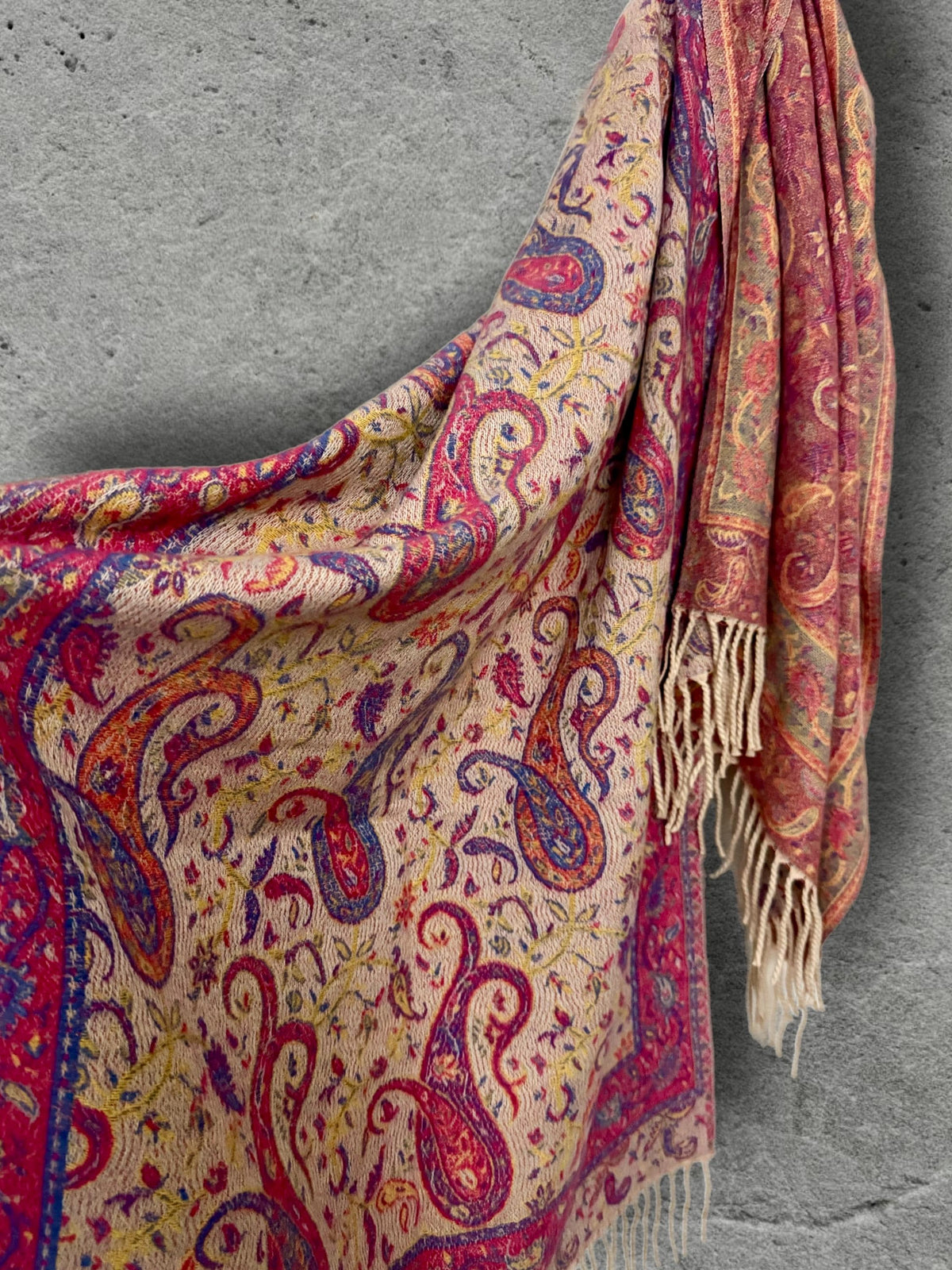 Bohemian Reversible Pink Beige Paisley Winter Scarf, Ultra Soft Shawl for Women, Fringed Colourful Wrap, Gift for Her