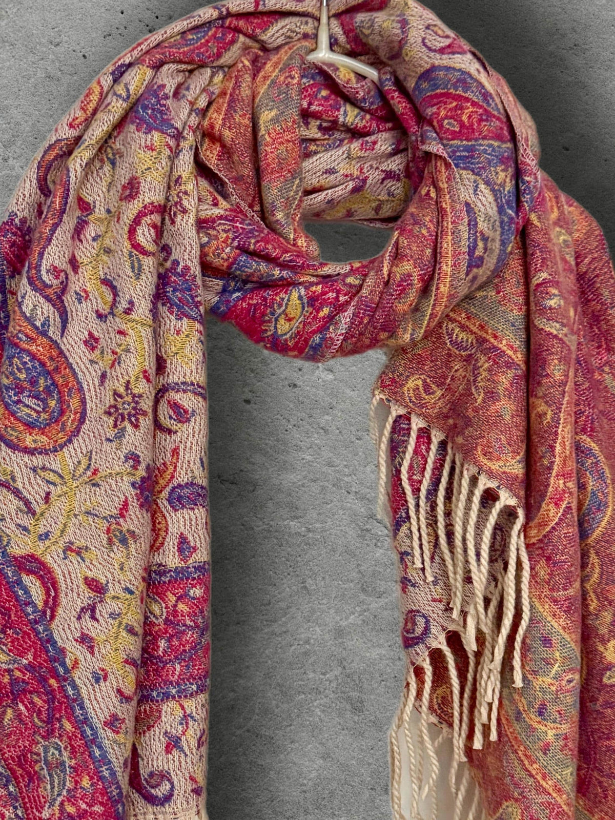 Bohemian Reversible Pink Beige Paisley Winter Scarf, Ultra Soft Shawl for Women, Fringed Colourful Wrap, Gift for Her
