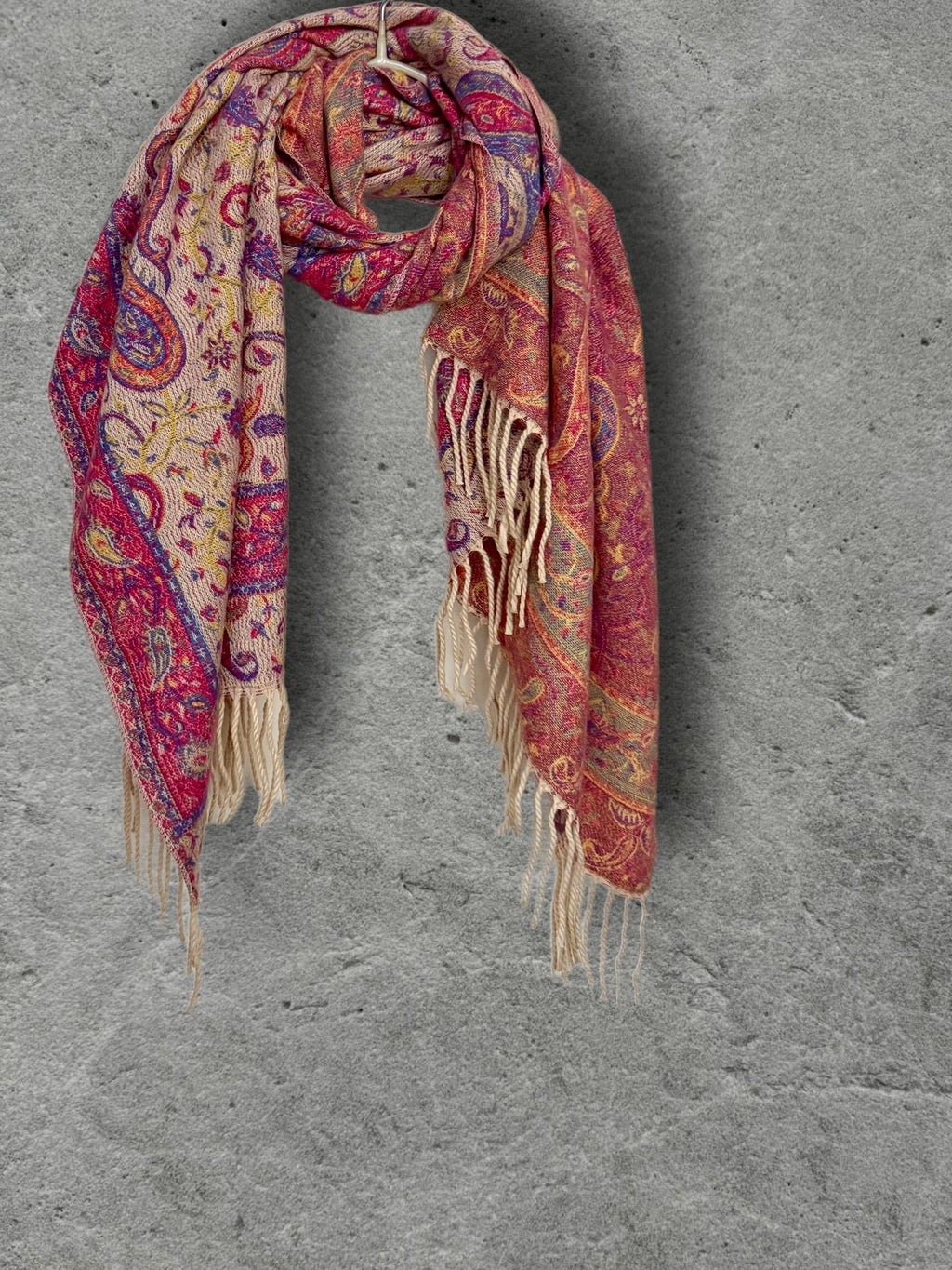 Bohemian Reversible Pink Beige Paisley Winter Scarf, Ultra Soft Shawl for Women, Fringed Colourful Wrap, Gift for Her