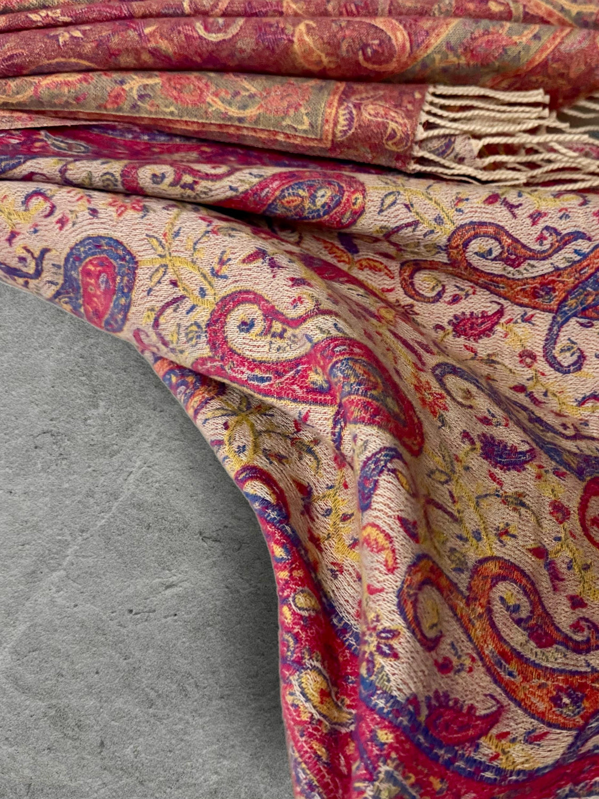 Bohemian Reversible Pink Beige Paisley Winter Scarf, Ultra Soft Shawl for Women, Fringed Colourful Wrap, Gift for Her