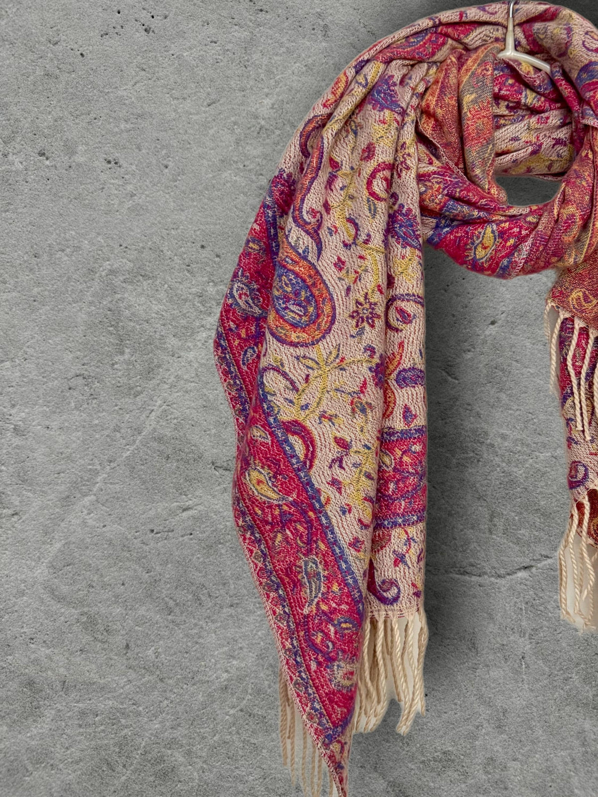 Bohemian Reversible Pink Beige Paisley Winter Scarf, Ultra Soft Shawl for Women, Fringed Colourful Wrap, Gift for Her