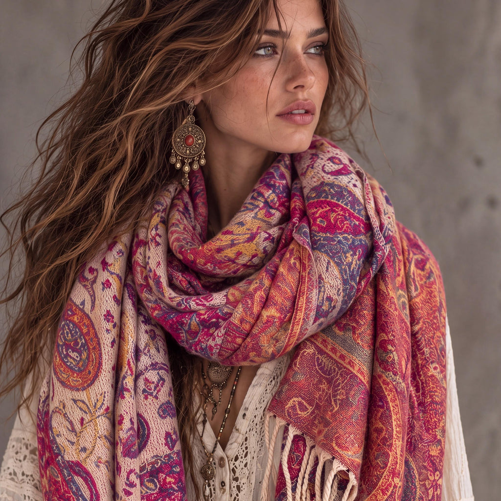 Bohemian Reversible Pink Beige Paisley Winter Scarf, Ultra Soft Shawl for Women, Fringed Colourful Wrap, Gift for Her