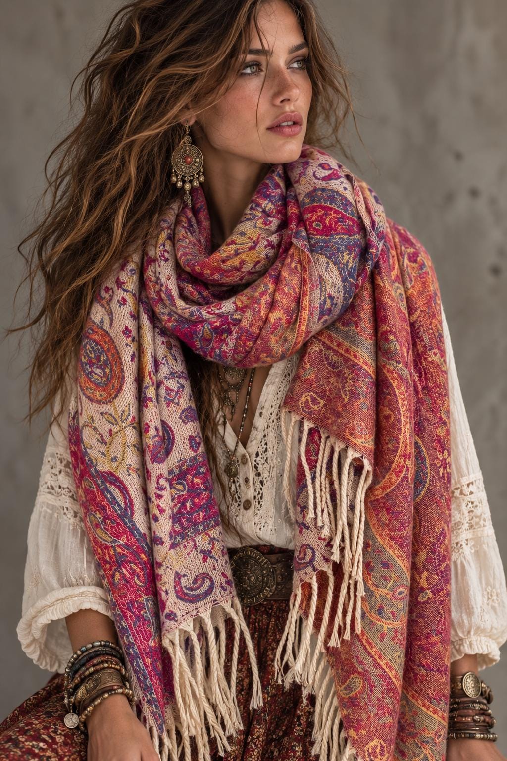 Bohemian Reversible Pink Beige Paisley Winter Scarf, Ultra Soft Shawl for Women, Fringed Colourful Wrap, Gift for Her