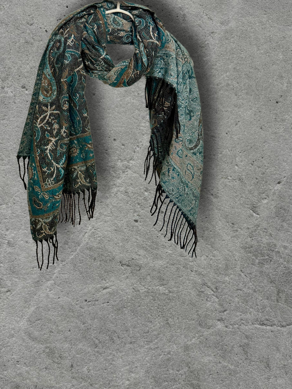 Teal Green Charcoal Paisley Winter Scarf, Reversible Patterned Boho Shawl, Ultra Soft Fringed Wrap, Elegant Gift for Women