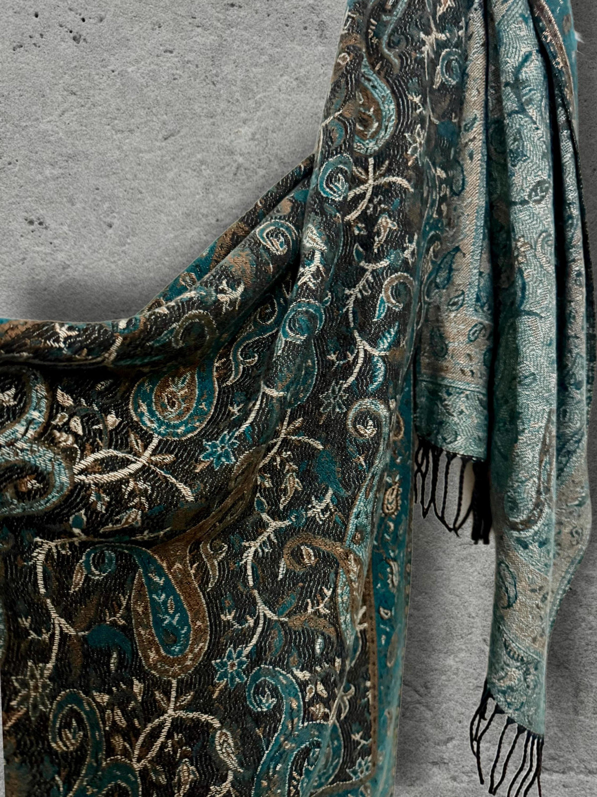 Teal Green Charcoal Paisley Winter Scarf, Reversible Patterned Boho Shawl, Ultra Soft Fringed Wrap, Elegant Gift for Women