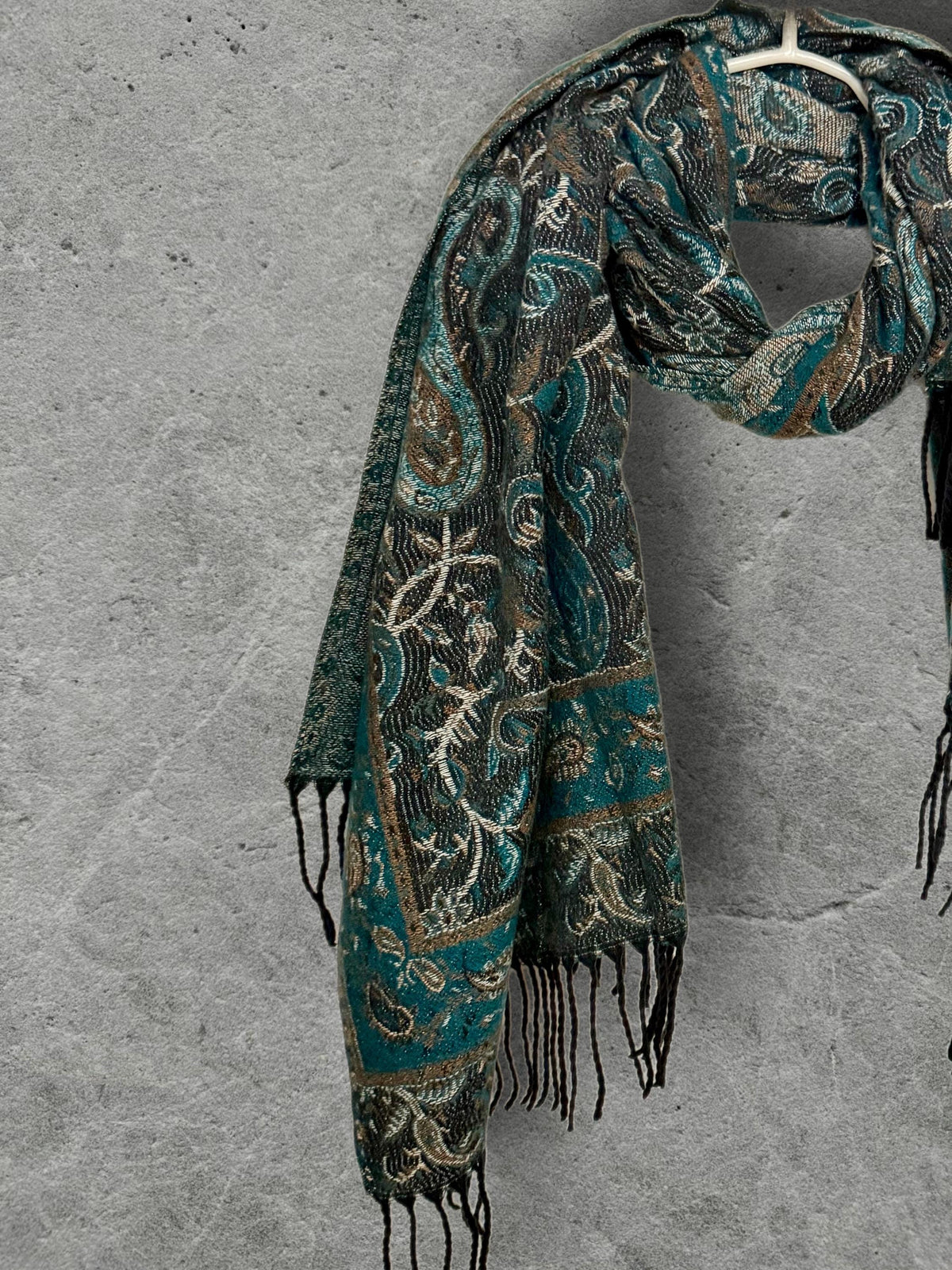 Teal Green Charcoal Paisley Winter Scarf, Reversible Patterned Boho Shawl, Ultra Soft Fringed Wrap, Elegant Gift for Women