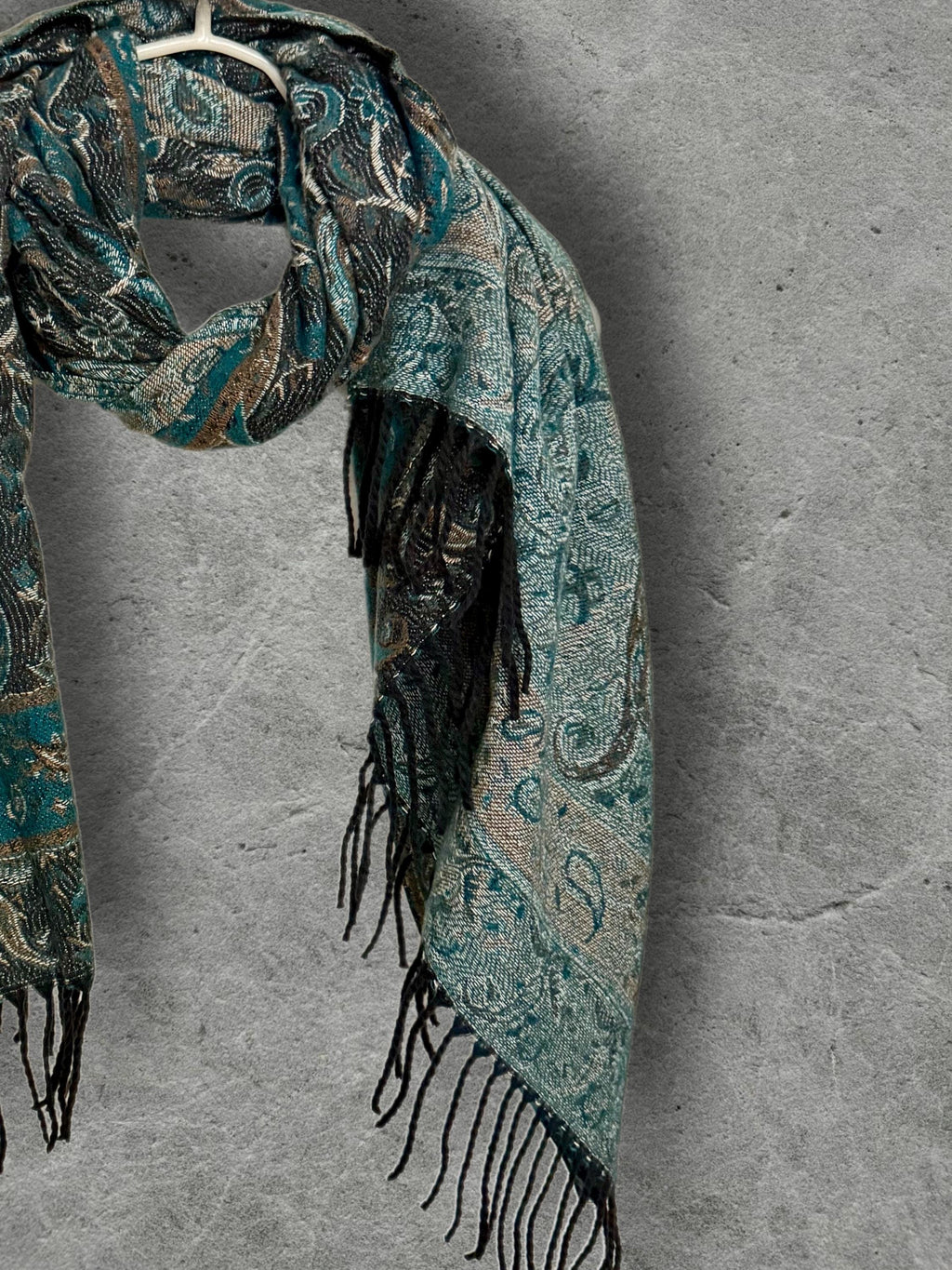 Teal Green Charcoal Paisley Winter Scarf, Reversible Patterned Boho Shawl, Ultra Soft Fringed Wrap, Elegant Gift for Women