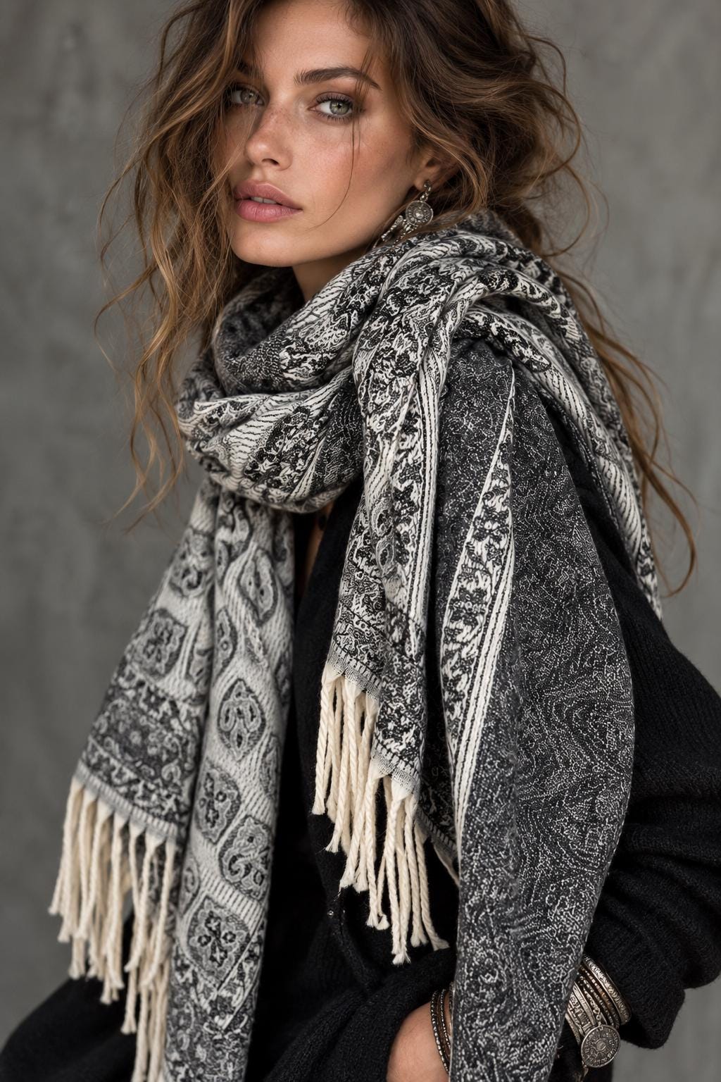 Reversible Black Winter Scarf, Ivory Bohemian Medallion Shawl for Women, Soft Oversized Warm Wrap, Fringed Cold Weather Gift for Her
