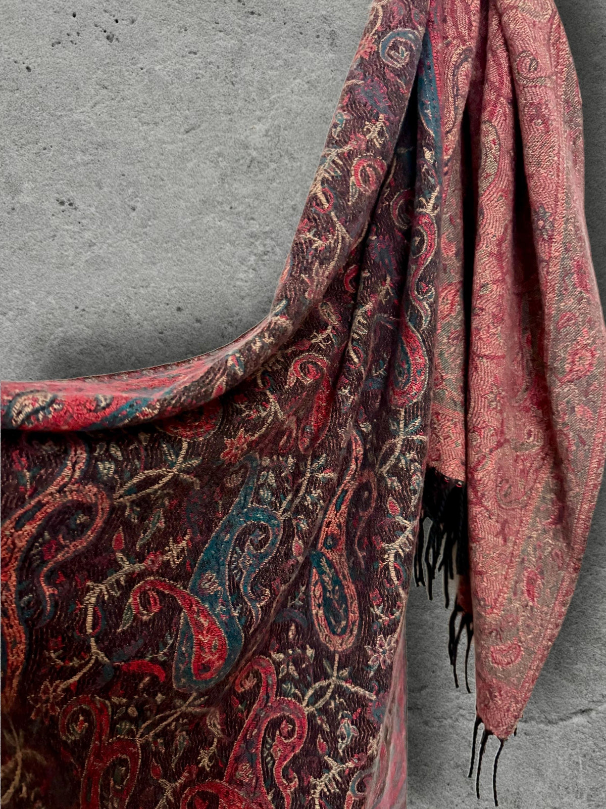 Reversible Burgundy Winter Scarf, Teal Paisley Boho Shawl, Oversized Ultra Soft Wrap, Fringed Autumn Accessory, Christmas Gift for Her