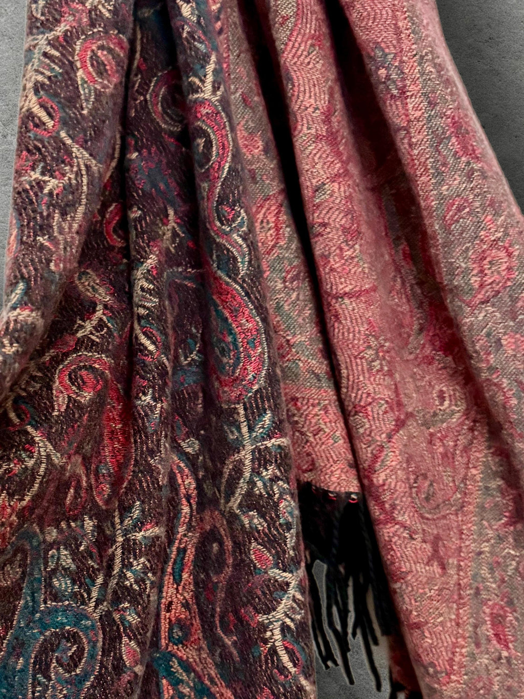 Reversible Burgundy Winter Scarf, Teal Paisley Boho Shawl, Oversized Ultra Soft Wrap, Fringed Autumn Accessory, Christmas Gift for Her
