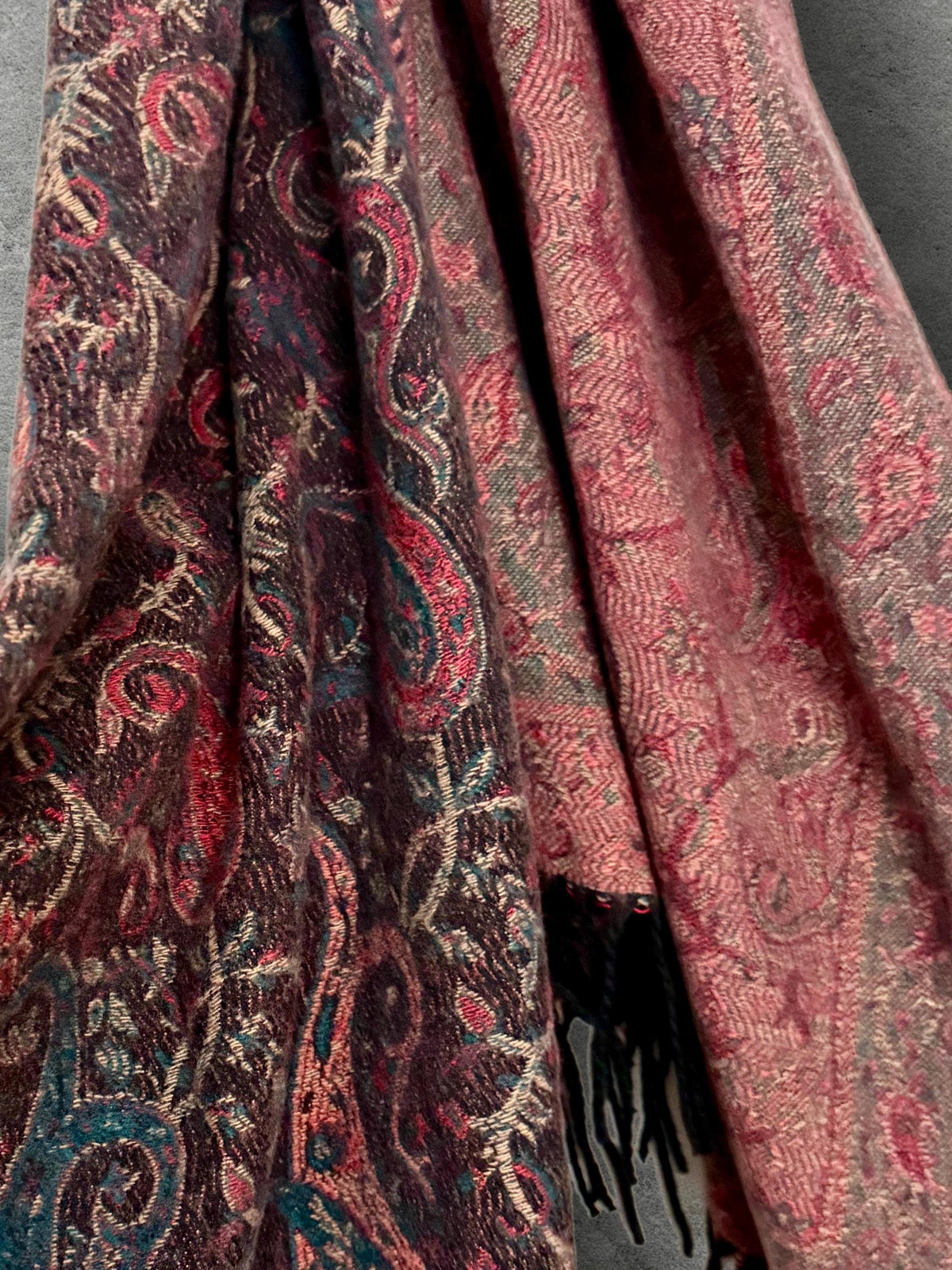 Reversible Burgundy Winter Scarf, Teal Paisley Boho Shawl, Oversized Ultra Soft Wrap, Fringed Autumn Accessory, Christmas Gift for Her