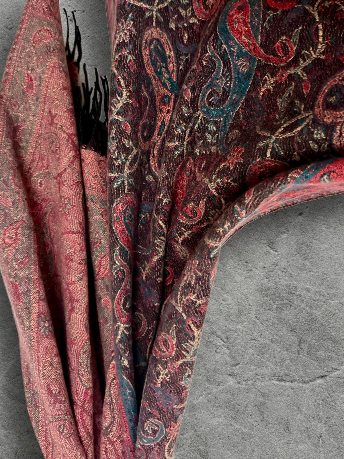 Reversible Burgundy Winter Scarf, Teal Paisley Boho Shawl, Oversized Ultra Soft Wrap, Fringed Autumn Accessory, Christmas Gift for Her