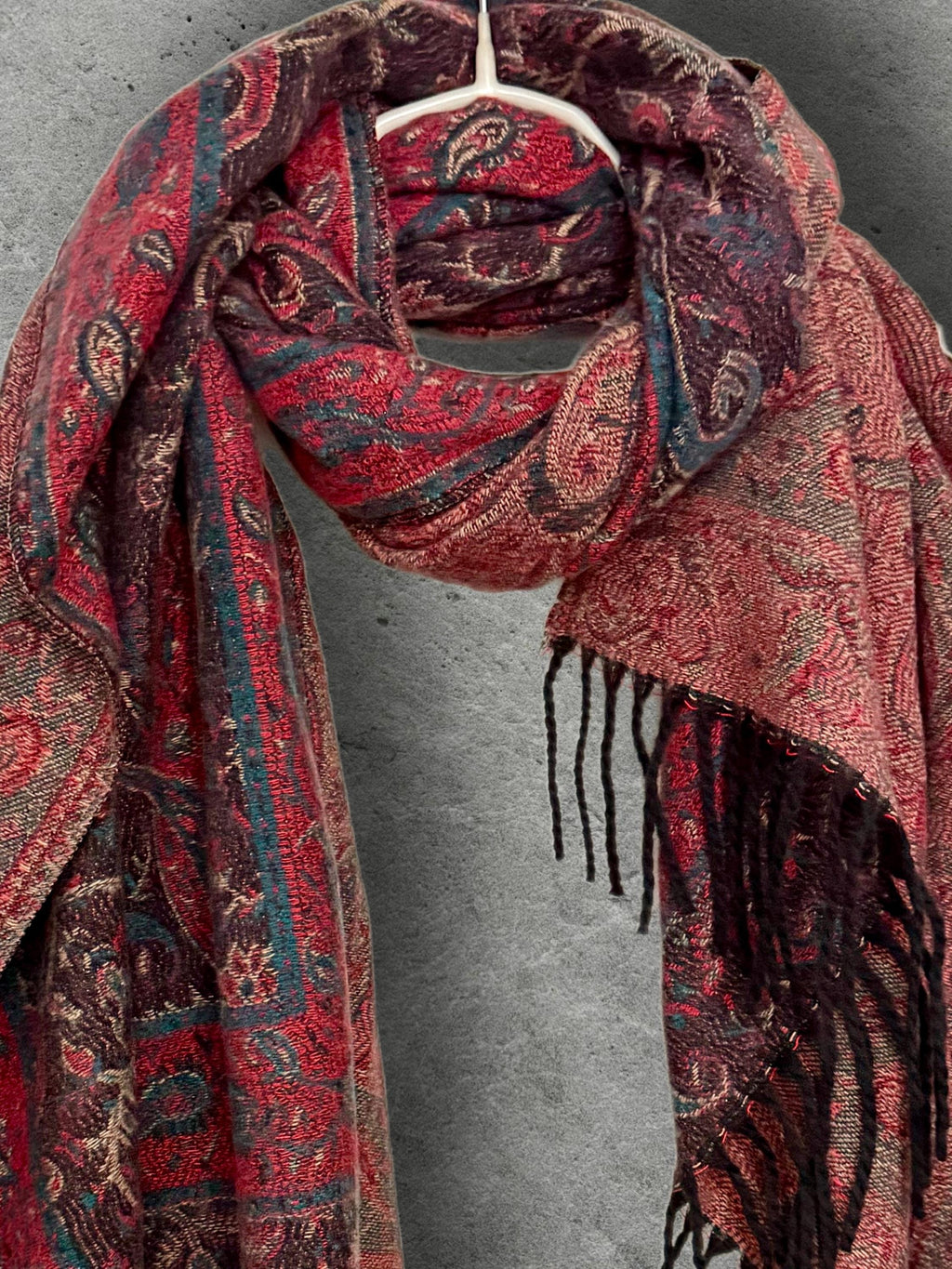 Reversible Burgundy Winter Scarf, Teal Paisley Boho Shawl, Oversized Ultra Soft Wrap, Fringed Autumn Accessory, Christmas Gift for Her