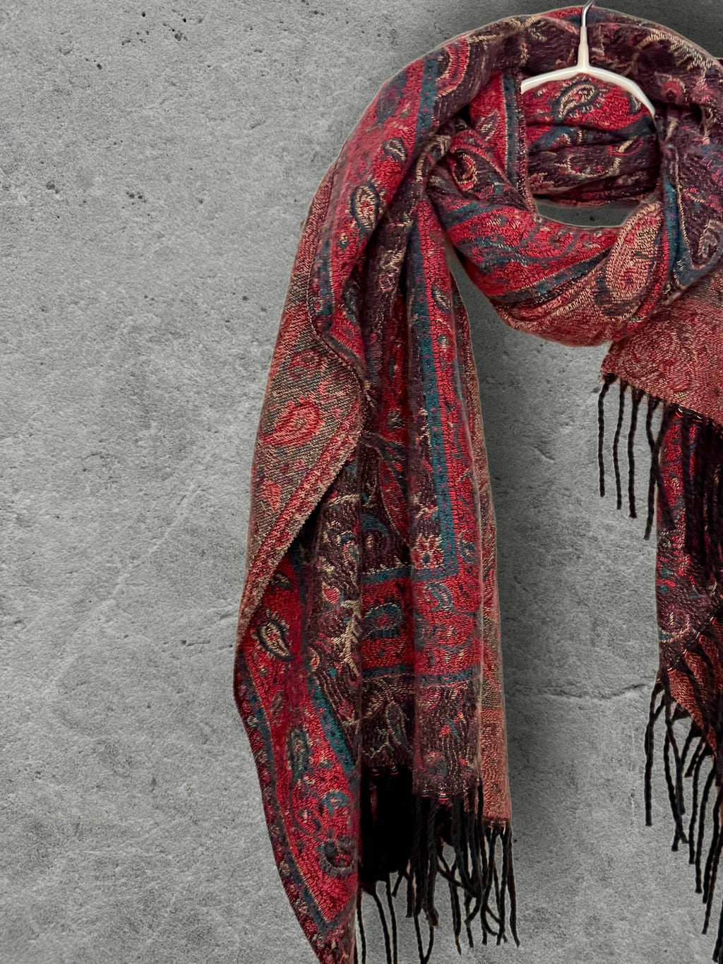 Reversible Burgundy Winter Scarf, Teal Paisley Boho Shawl, Oversized Ultra Soft Wrap, Fringed Autumn Accessory, Christmas Gift for Her