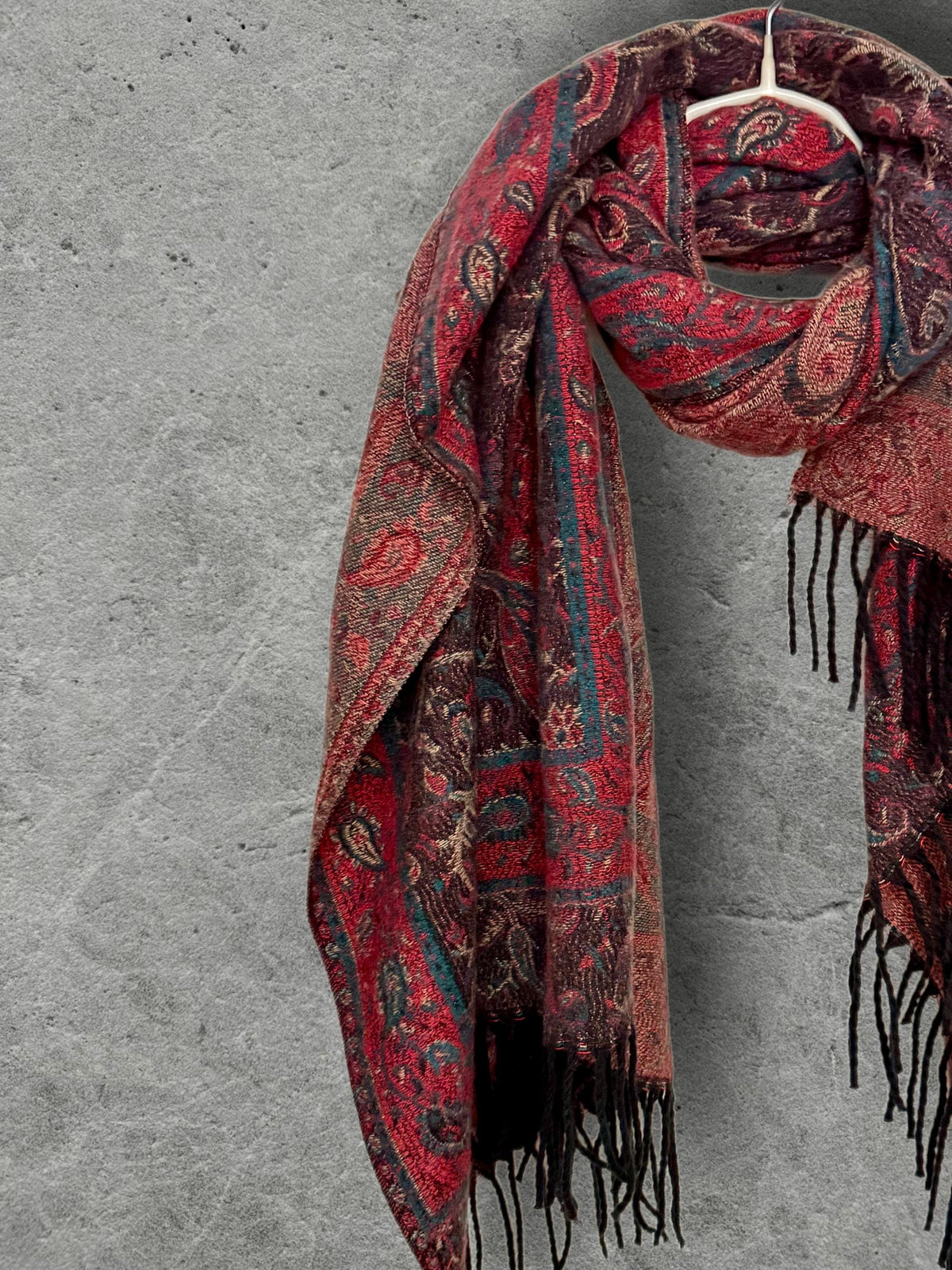Reversible Burgundy Winter Scarf, Teal Paisley Boho Shawl, Oversized Ultra Soft Wrap, Fringed Autumn Accessory, Christmas Gift for Her
