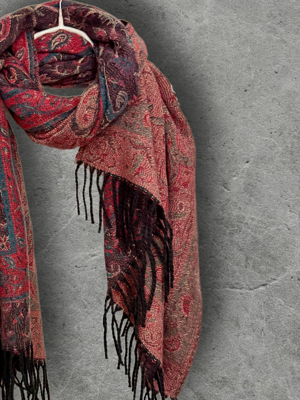 Reversible Burgundy Winter Scarf, Teal Paisley Boho Shawl, Oversized Ultra Soft Wrap, Fringed Autumn Accessory, Christmas Gift for Her