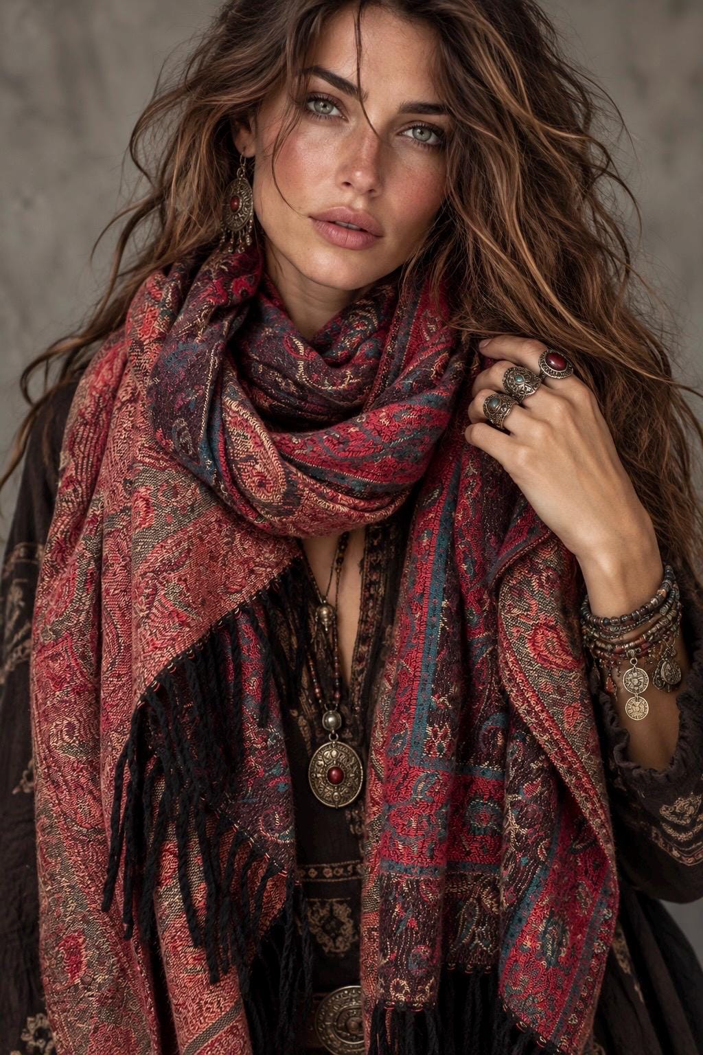 Reversible Burgundy Winter Scarf, Teal Paisley Boho Shawl, Oversized Ultra Soft Wrap, Fringed Autumn Accessory, Christmas Gift for Her