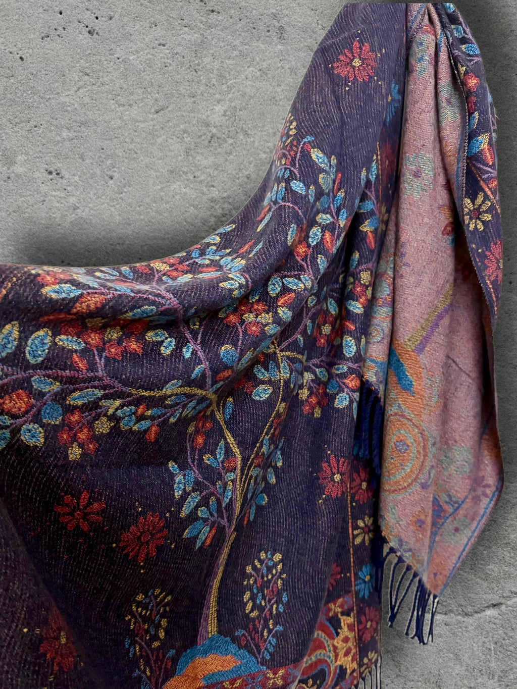 Purple Blue Reversible Bohemian Winter Scarf, Featuring Tree and Floral Patterns, Soft Cozy Wrap for Women, Thoughtful Gift for Her