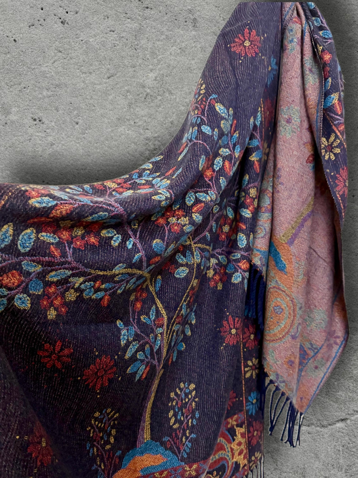 Purple Blue Reversible Bohemian Winter Scarf, Featuring Tree and Floral Patterns, Soft Cozy Wrap for Women, Thoughtful Gift for Her