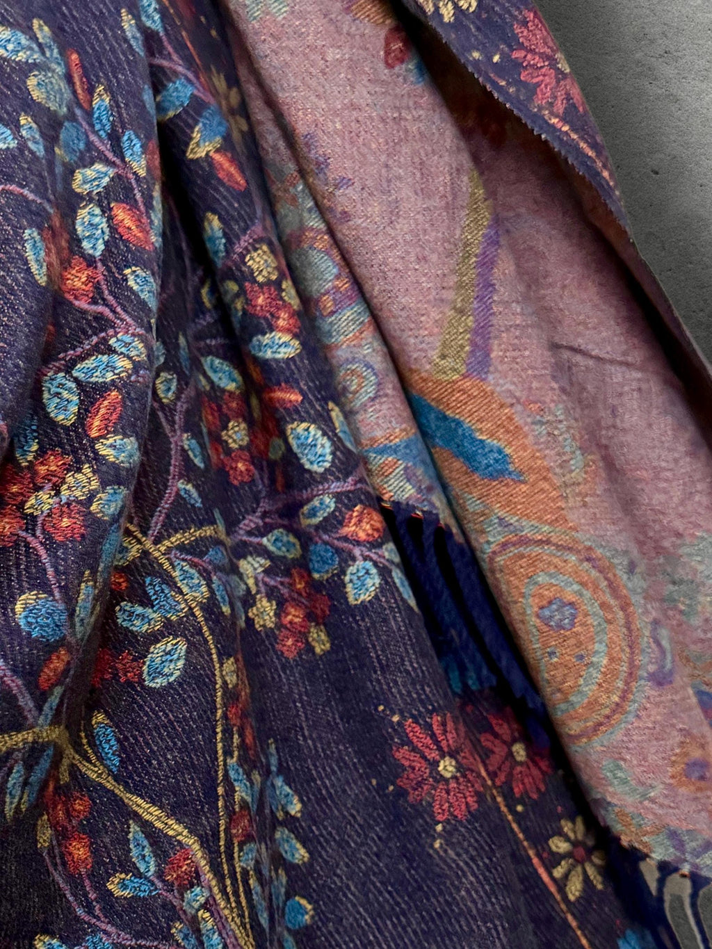 Purple Blue Reversible Bohemian Winter Scarf, Featuring Tree and Floral Patterns, Soft Cozy Wrap for Women, Thoughtful Gift for Her