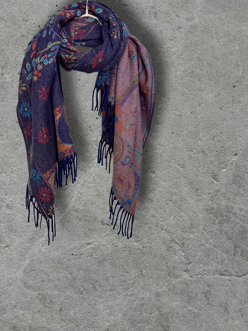 Purple Blue Reversible Bohemian Winter Scarf, Featuring Tree and Floral Patterns, Soft Cozy Wrap for Women, Thoughtful Gift for Her