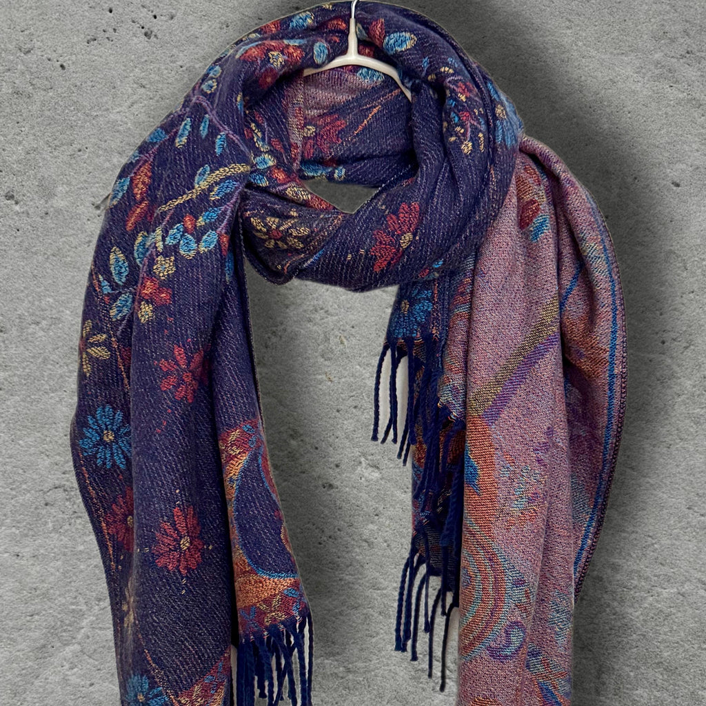 Purple Blue Reversible Bohemian Winter Scarf, Featuring Tree and Floral Patterns, Soft Cozy Wrap for Women, Thoughtful Gift for Her