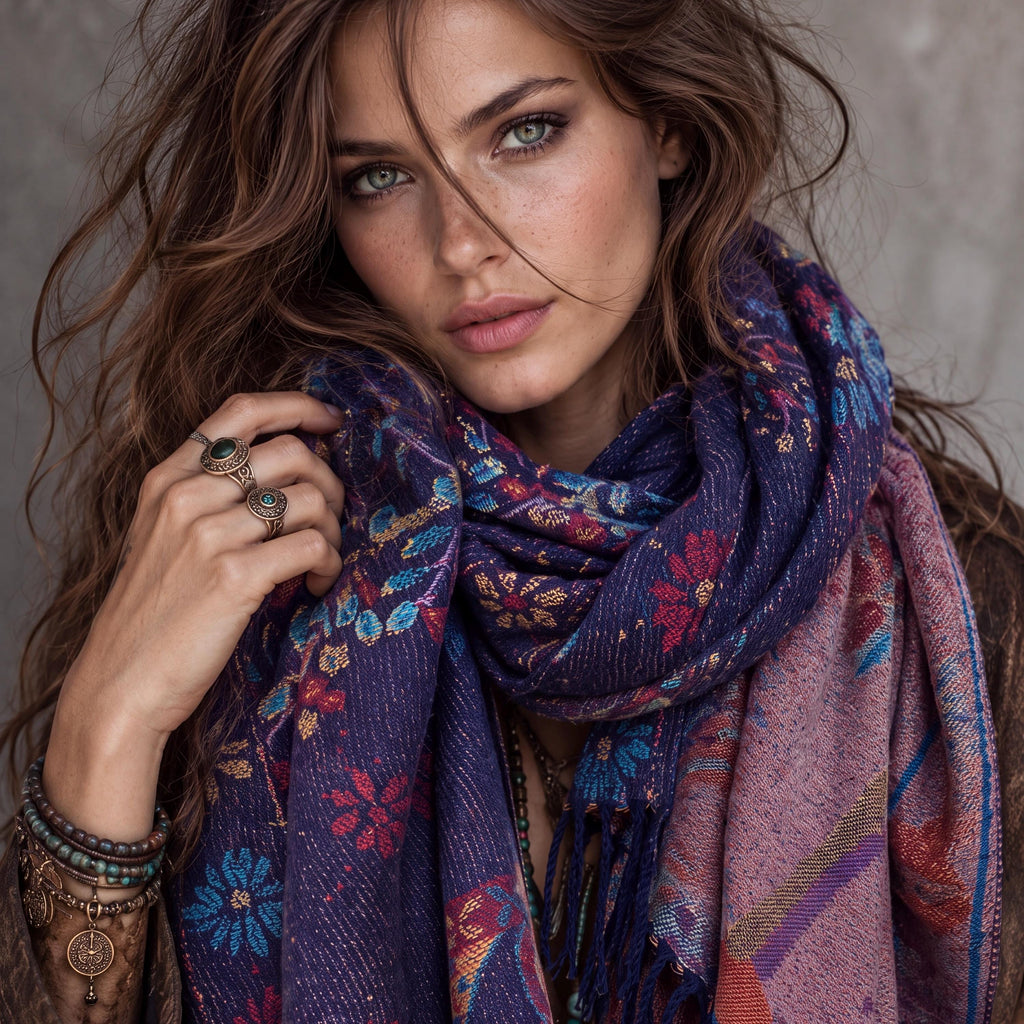Purple Blue Reversible Bohemian Winter Scarf, Featuring Tree and Floral Patterns, Soft Cozy Wrap for Women, Thoughtful Gift for Her