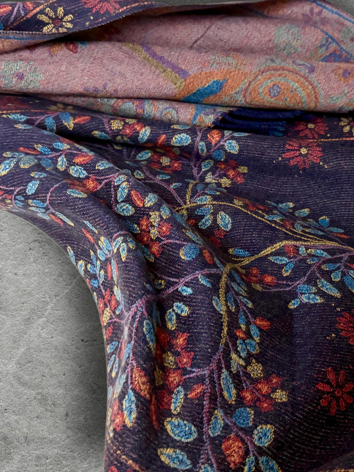 Purple Blue Reversible Bohemian Winter Scarf, Featuring Tree and Floral Patterns, Soft Cozy Wrap for Women, Thoughtful Gift for Her
