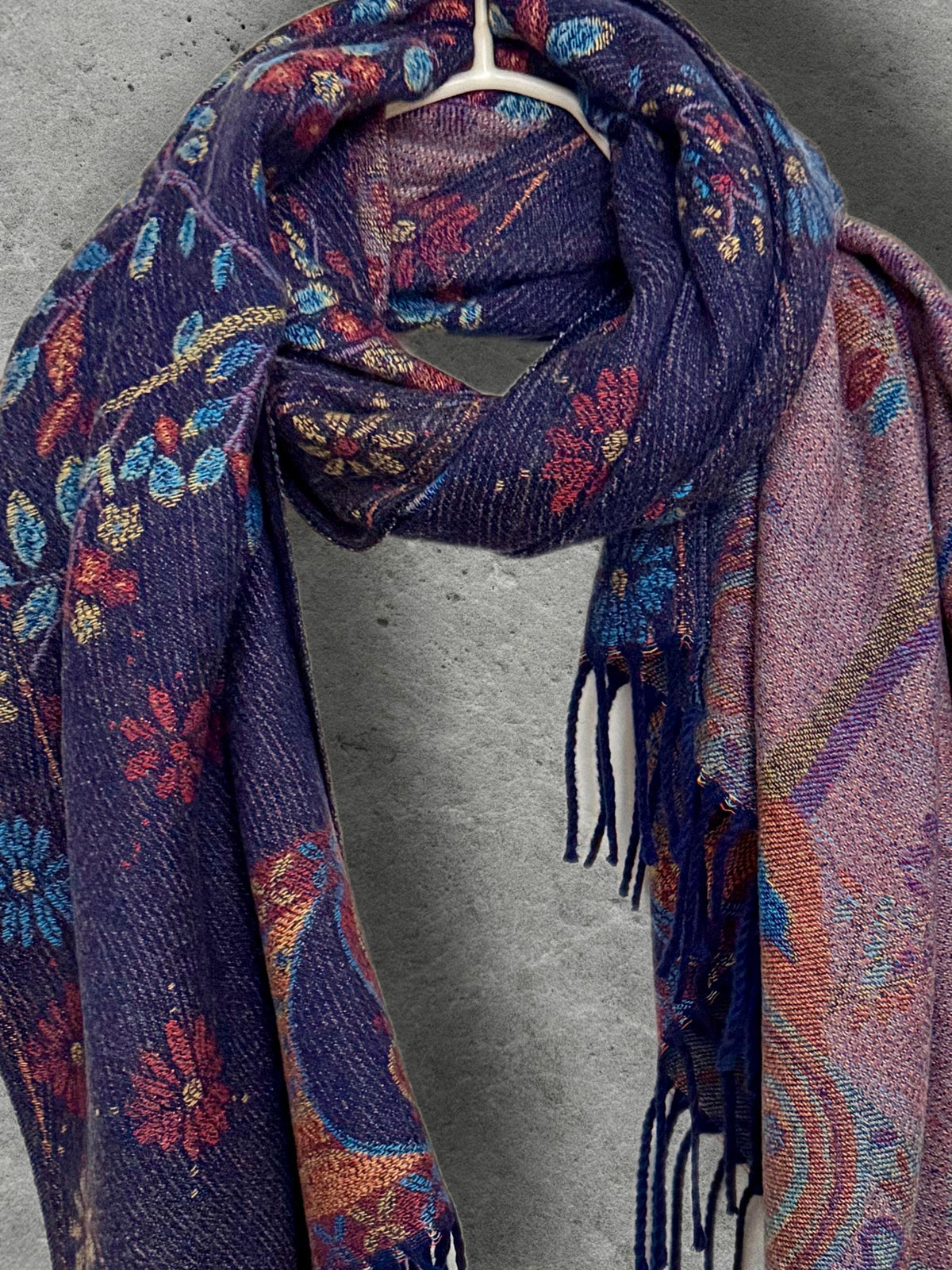 Purple Blue Reversible Bohemian Winter Scarf, Featuring Tree and Floral Patterns, Soft Cozy Wrap for Women, Thoughtful Gift for Her