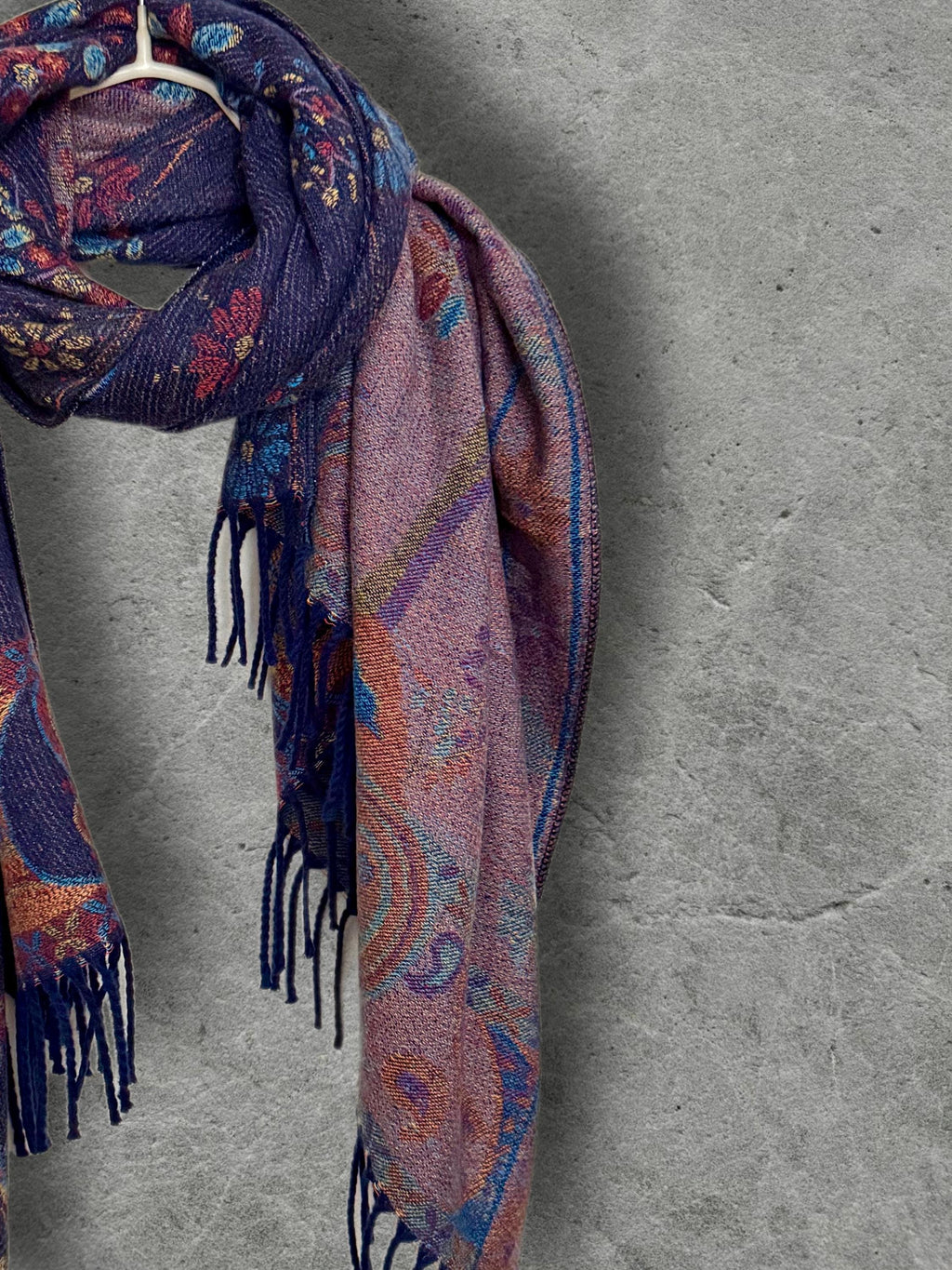 Purple Blue Reversible Bohemian Winter Scarf, Featuring Tree and Floral Patterns, Soft Cozy Wrap for Women, Thoughtful Gift for Her
