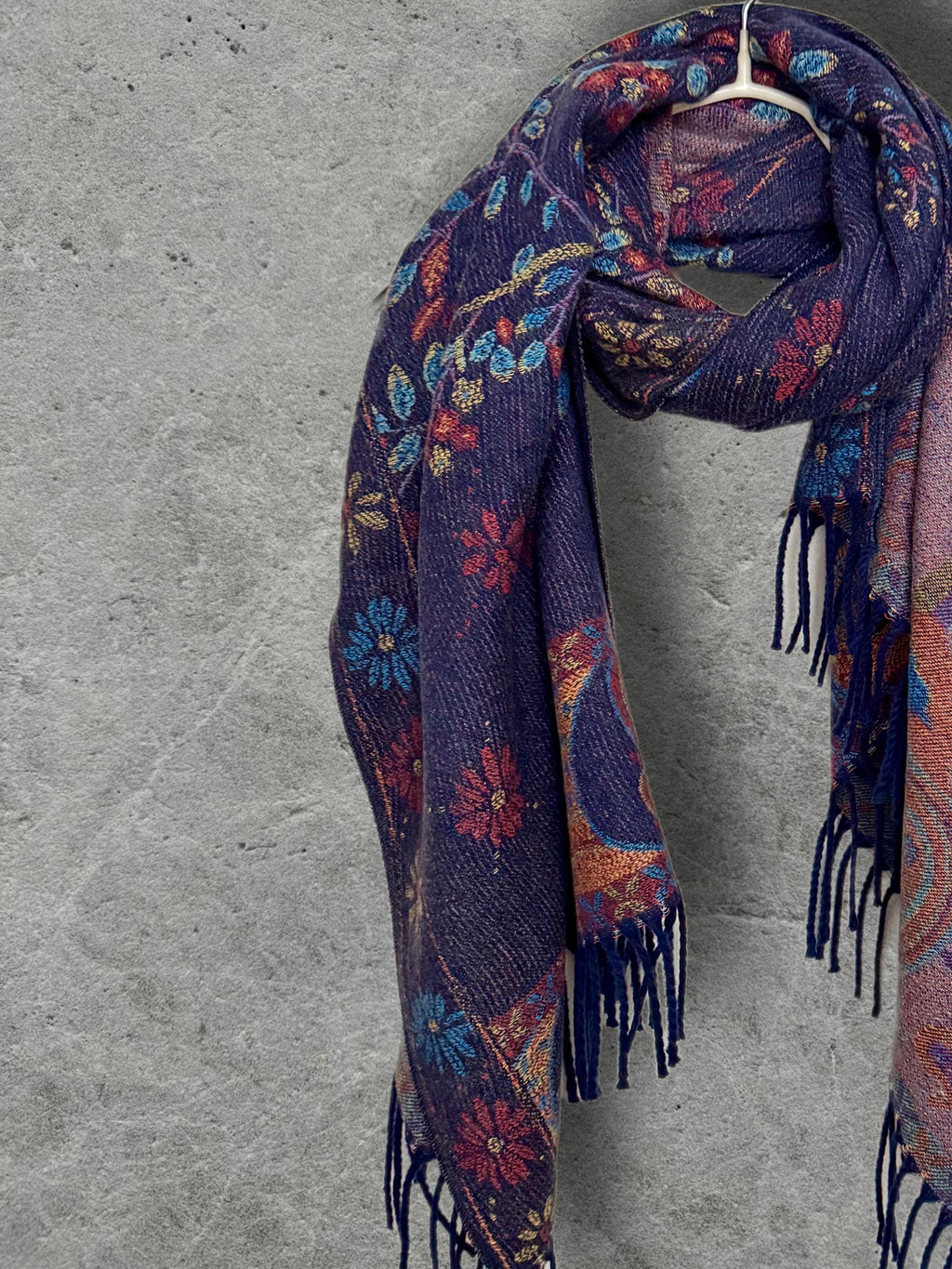 Purple Blue Reversible Bohemian Winter Scarf, Featuring Tree and Floral Patterns, Soft Cozy Wrap for Women, Thoughtful Gift for Her
